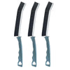 A set of three black and silver crevice cleaning brushes for tight spaces
