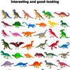 A variety of realistic mini dinosaur figurines featuring various species and colors.