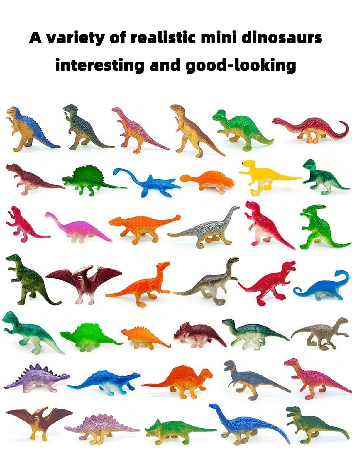 A variety of realistic mini dinosaur figurines featuring various species and colors.