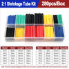A box of heat shrink tubing kits containing various colors and lengths of black, blue, green, red, yellow, and orange tubing.
