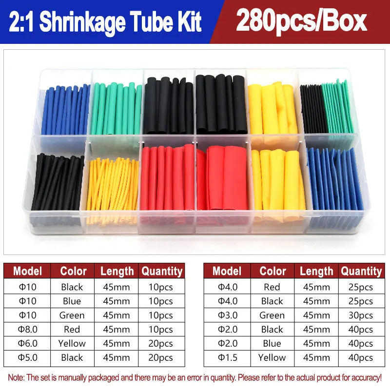 A box of heat shrink tubing kits containing various colors and lengths of black, blue, green, red, yellow, and orange tubing.