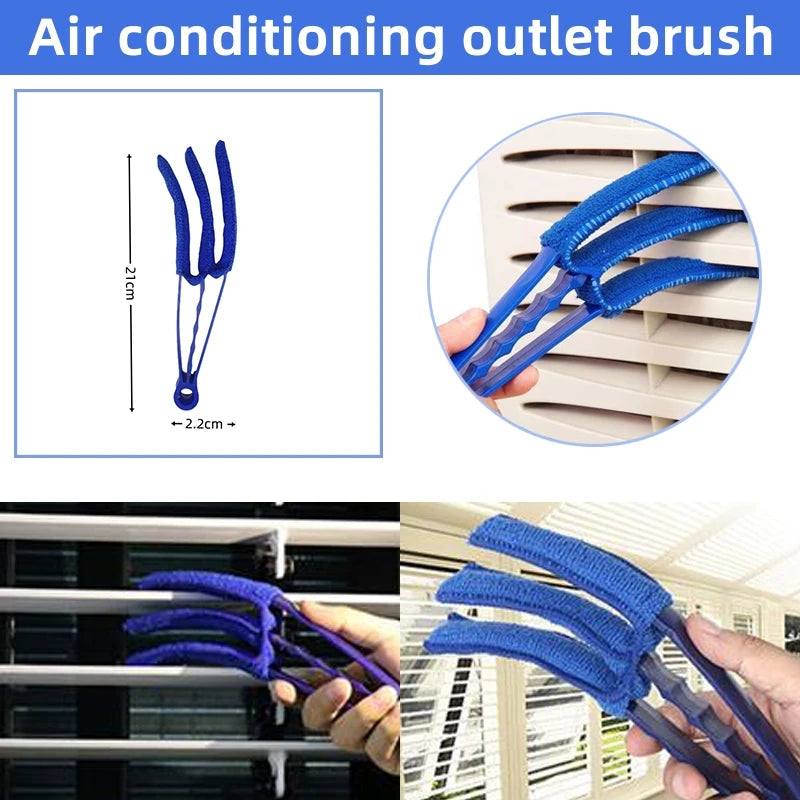 A set of blue air conditioning outlet brushes used for cleaning.