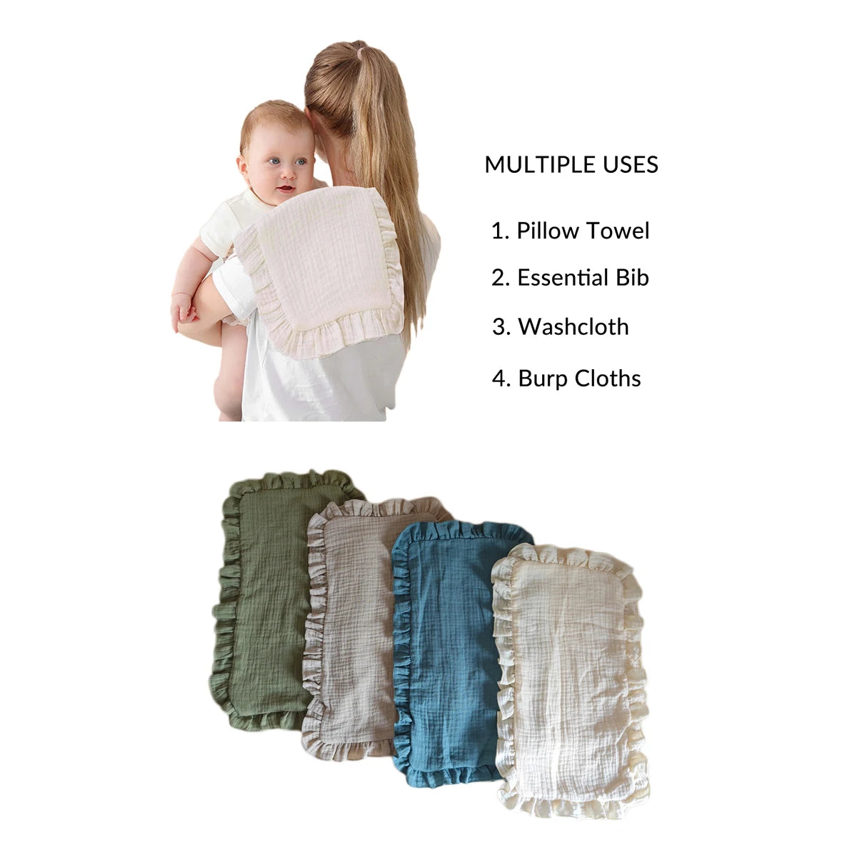 Soft Muslin Gauze Burp Cloths with Ruffle Trim (4-Pack)