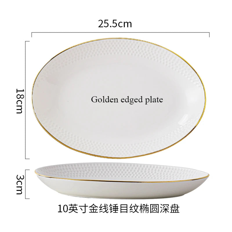 Golden edged plate and a shallow soup bowl set for serving
