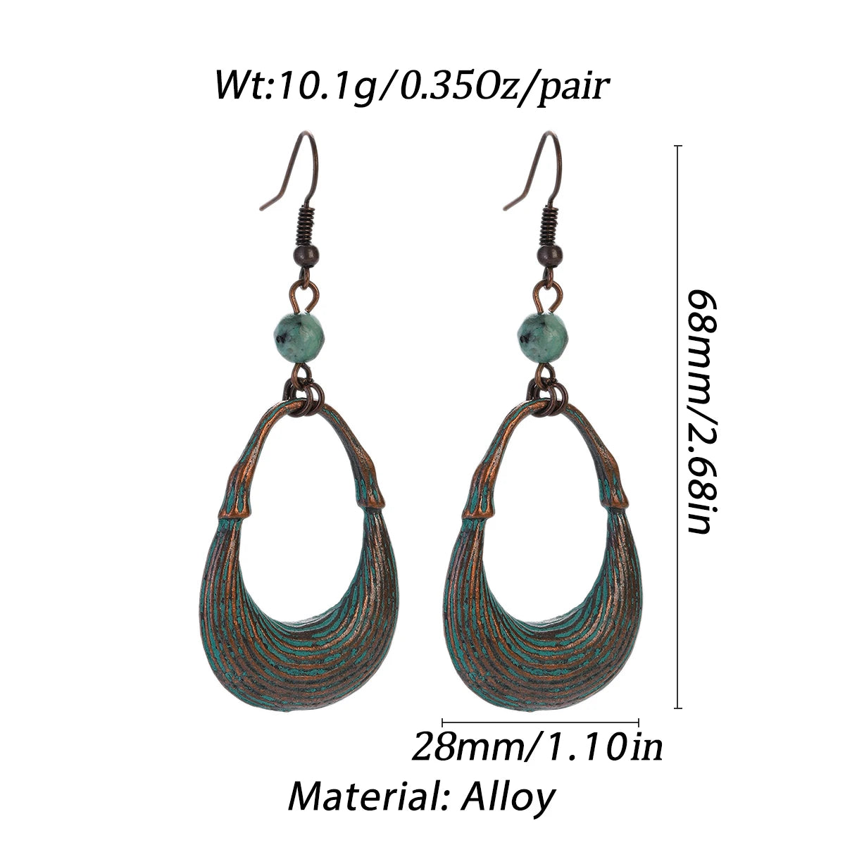 Boucles d'oreilles pendantes en alliage avec des perles de turquoise et une finition martelée.