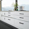 A row of white kitchen cabinets featuring matte black stainless steel pulls, viewed across a window.