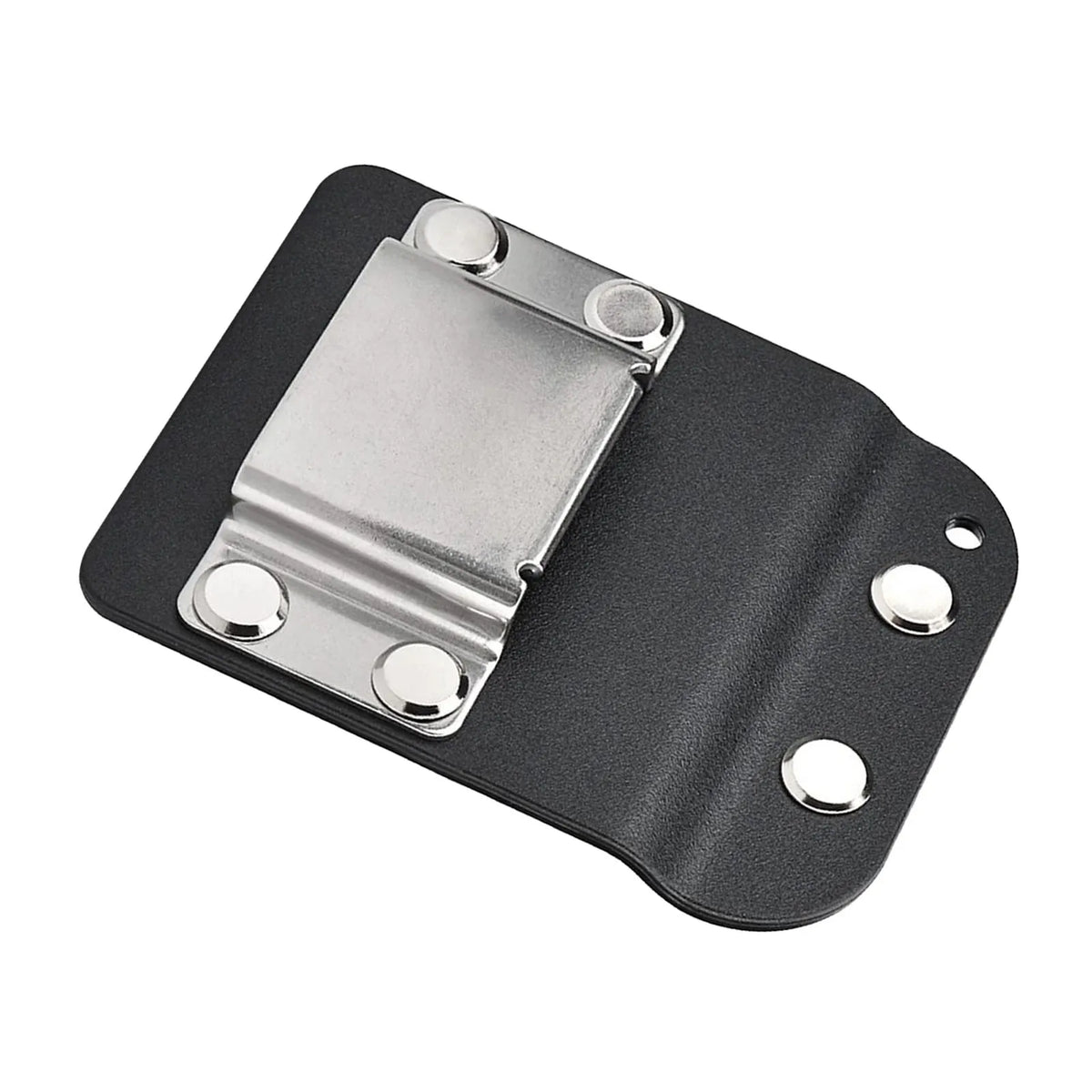 A black heavy-duty drill belt clip with a silver metal plate and mounting holes.