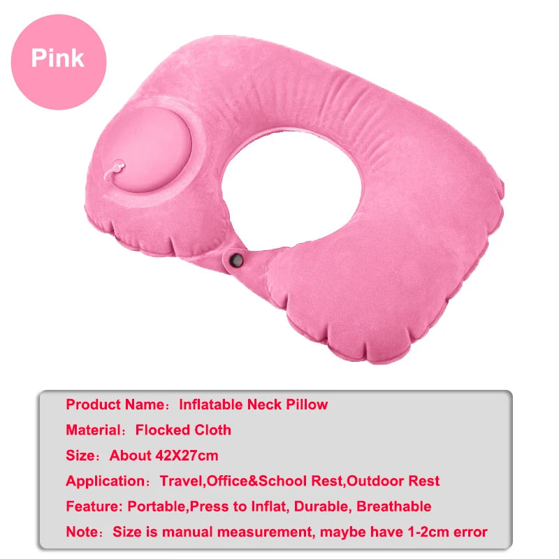Pink inflatable U-shaped neck pillow for travel, office, or school rest