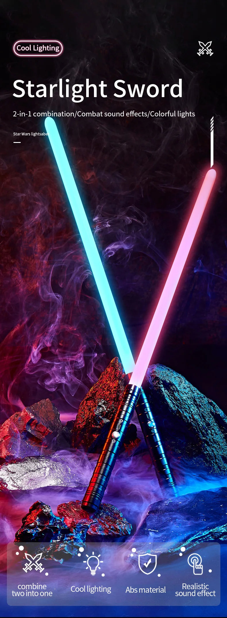 A dual-bladed lightsaber emitting blue and pink light beams over a rocky surface with smoke effects.