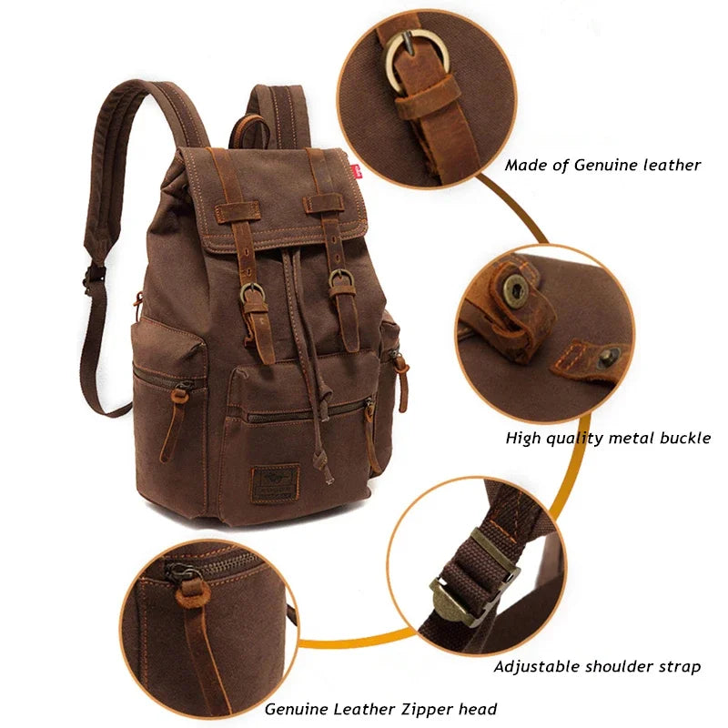 Vintage Canvas Backpack with Leather Accents – Large Capacity Travel & Laptop Bag
