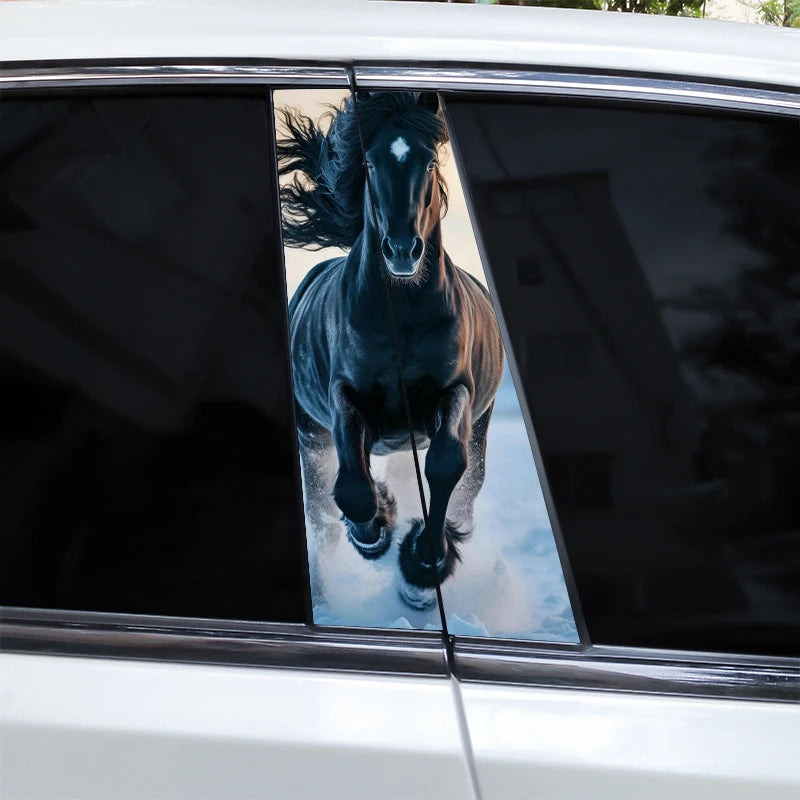 A close-up view through a car window showing a black horse with white mane and tail against a cloudy sky.
