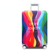 A colorful, wavy-patterned stretchable luggage cover with a silver handle and wheels.