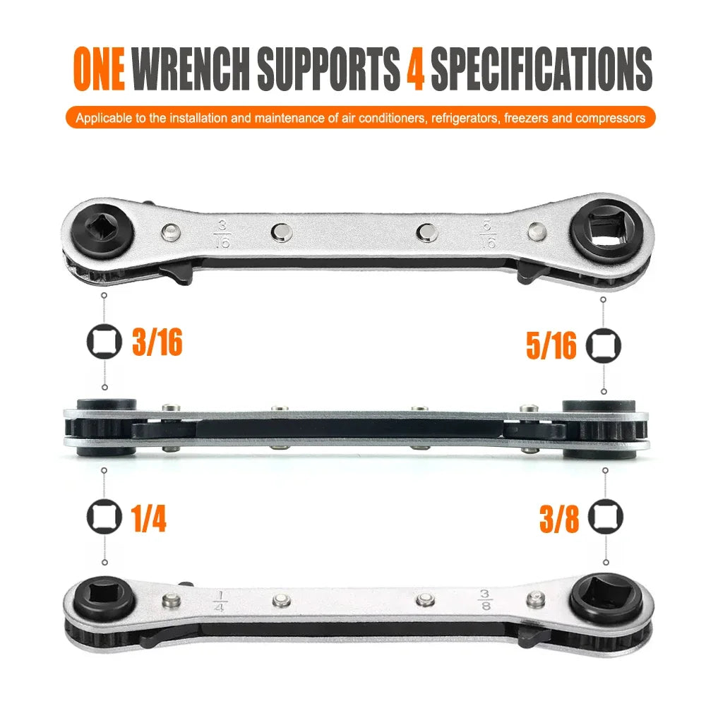 Double-Ended Ratchet Wrench for Refrigeration Valves – 4 Size Options