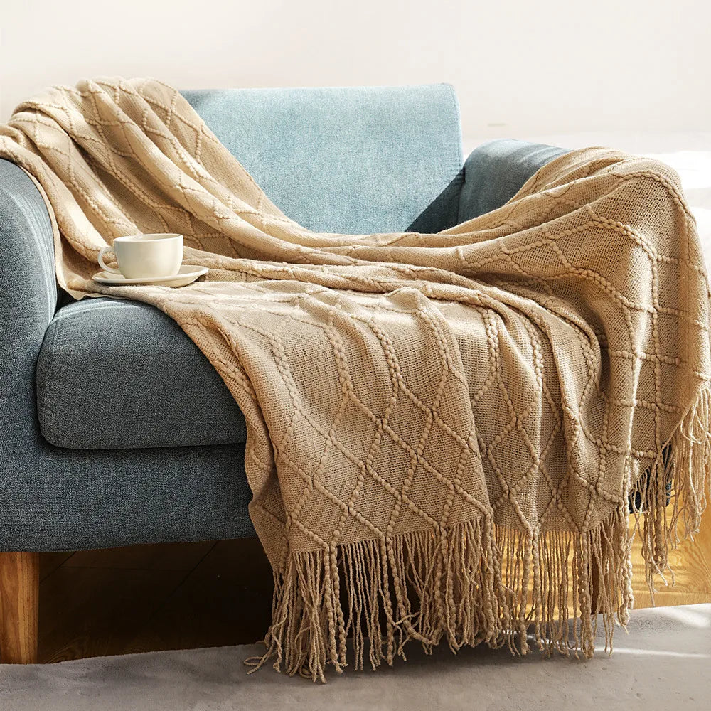 Oversized Chunky Knit Throw Blanket with Tassels