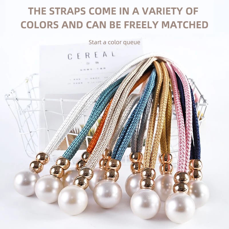 A set of pearl and rope curtain tie-backs in a variety of colors, displayed on a white background.