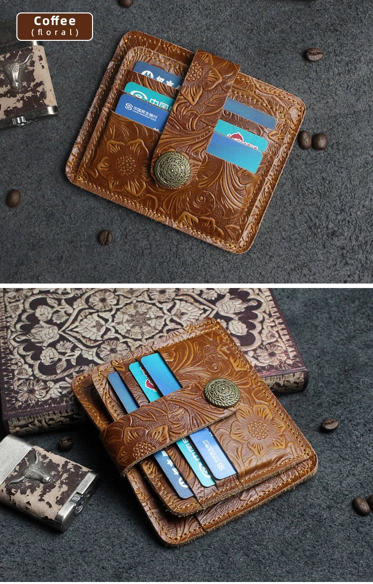 Handcrafted Cowhide Leather Card Wallet with Coin Pocket