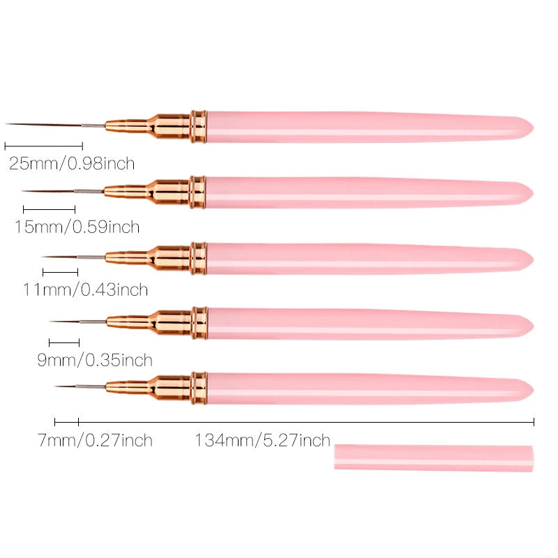 A set of five professional nail art liner brushes in various sizes and a long brush.