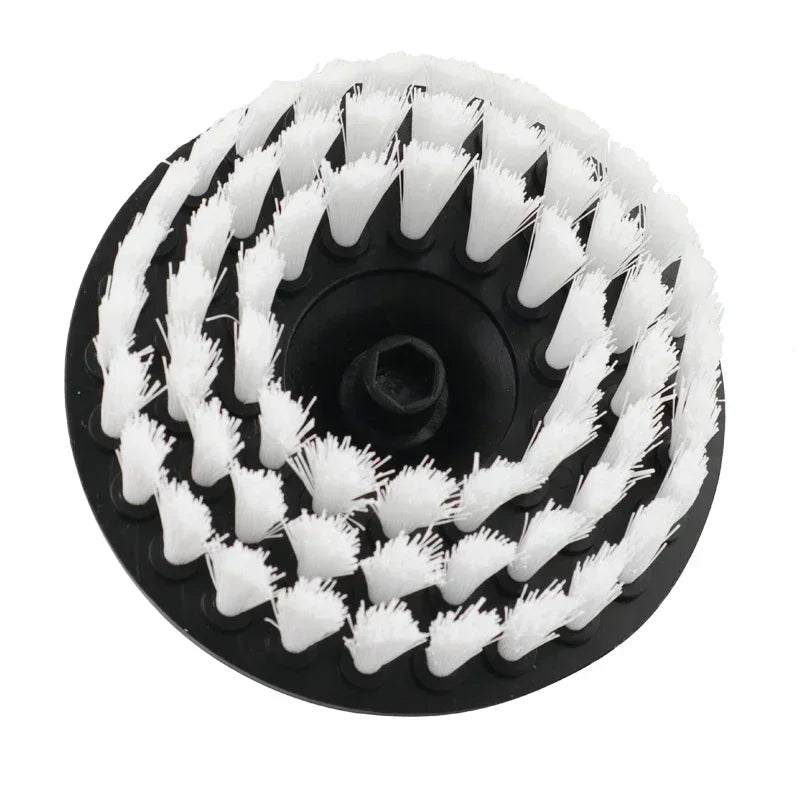 Black drill brush cleaning set with multiple white bristles for tile, bathroom, and car cleaning