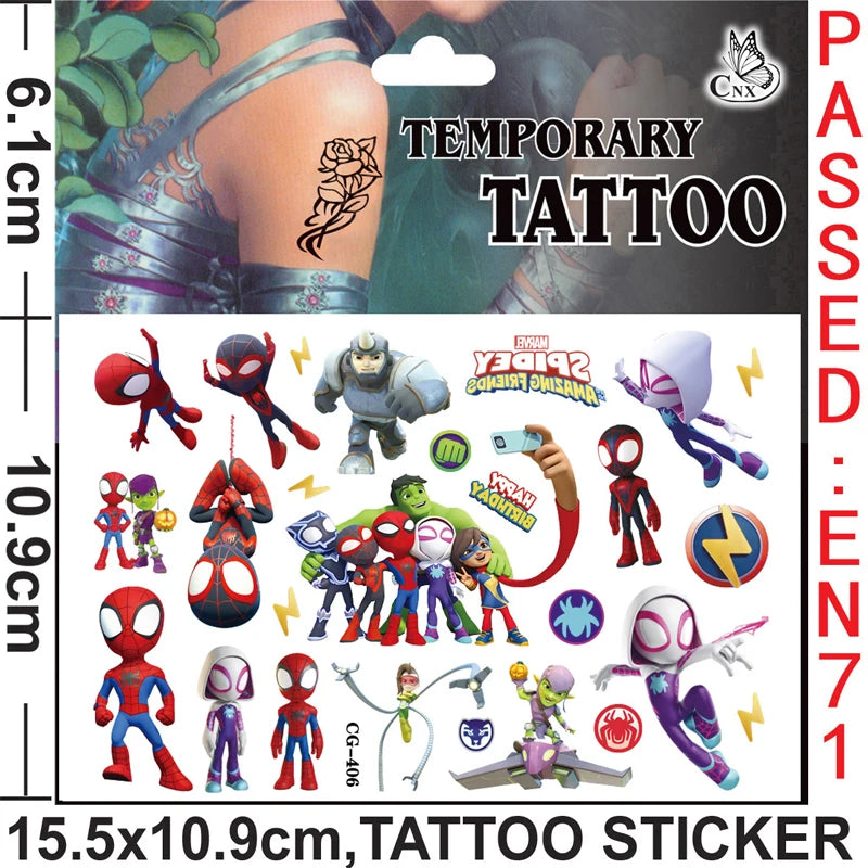 A collection of Spider-Man and friends temporary tattoos for kids, including various characters like Spider-Man, Miles Morale
