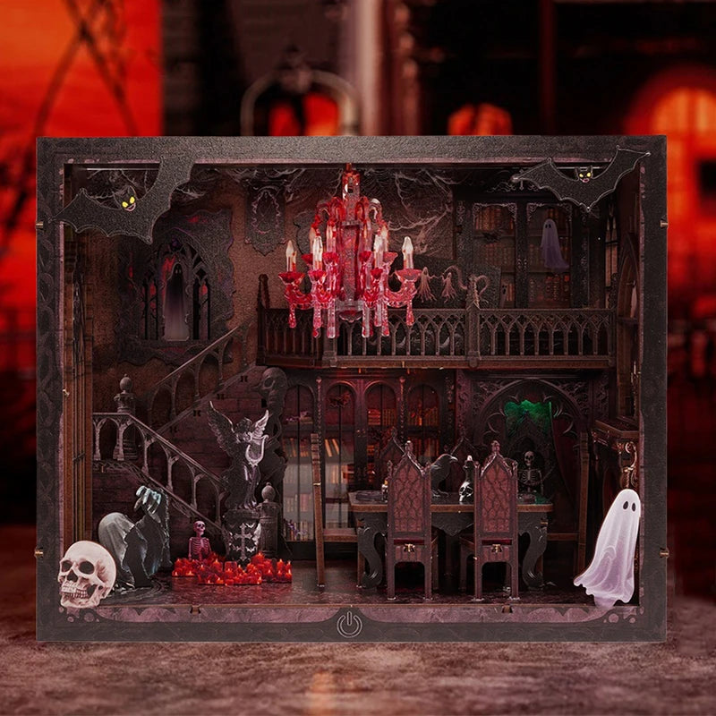 A dark miniature shelf insert depicting a spooky Halloween scene with gothic architecture and figures.