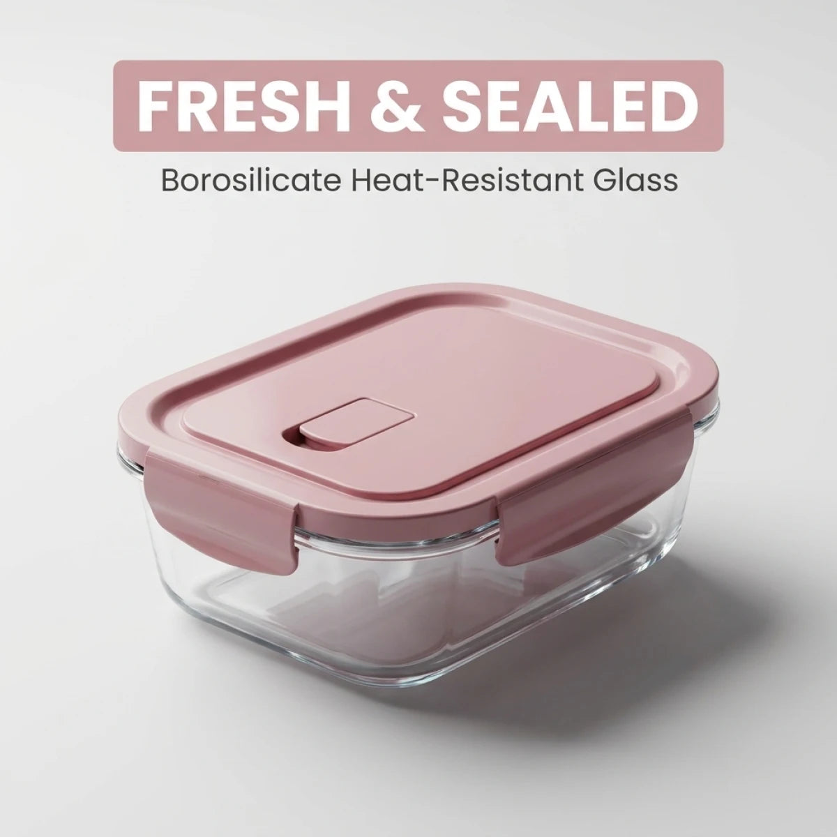 Contenedor de almacenamiento de vidrio de borosilicato rosa hermético con tapa sobre fondo blanco.