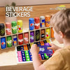 A child is interacting with a set of beverage stickers and a color-matching strategy puzzle game.