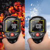 A black infrared thermometer is shown measuring a temperature of 98°F and -10.8°C against a snowy background.