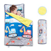 A blue toddler nap mat with a removable pillow and fleece blanket featuring construction vehicle designs.