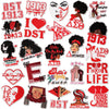 A collection of embroidered patches featuring Delta Sigma Theta symbols and text like 1913 I DST and women's themes.