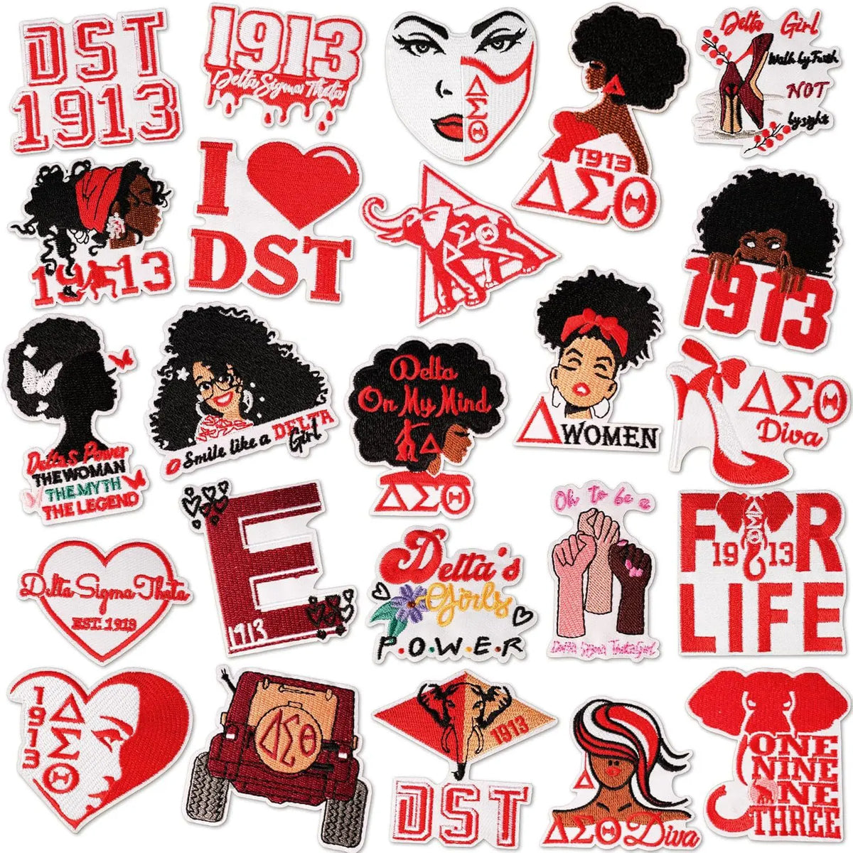 A collection of embroidered patches featuring Delta Sigma Theta symbols and text like 1913 I DST and women's themes.