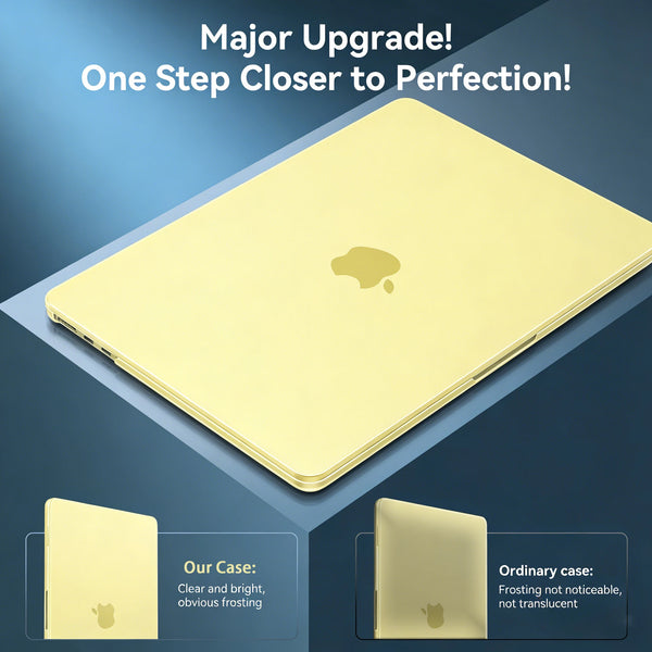 A gold colored slim hard shell case for a 13-inch MacBook shown with an ordinary and a clear version.