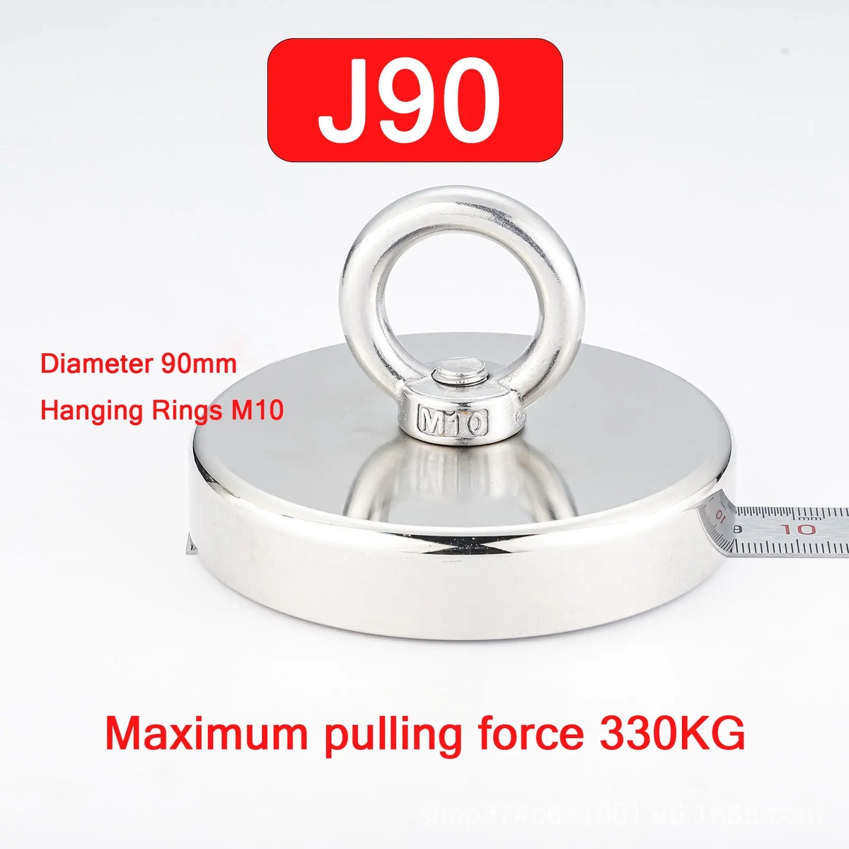 Silberner magnetischer Haken mit 90mm Durchmesser und M10-Hangsringen, belastbar bis 330 KG.
