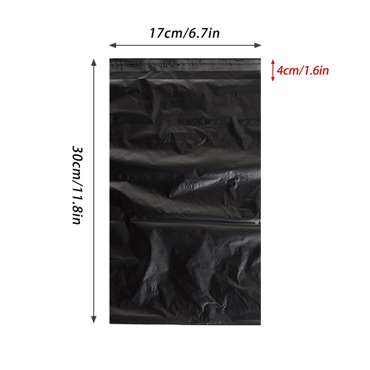 A black self-seal poly mailer bag with dimensions of 17cm by 30cm.