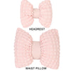 Pink bowknot car neck pillow with lumbar support shown as a headrest and waist pillow