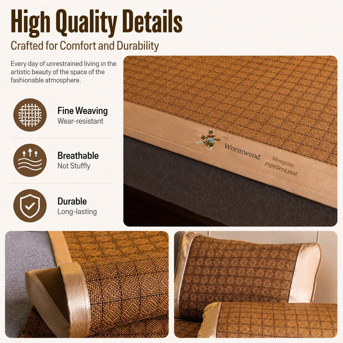 Close-up view of a brown woven cooling mat and pillowcase, highlighting fine weaving details.