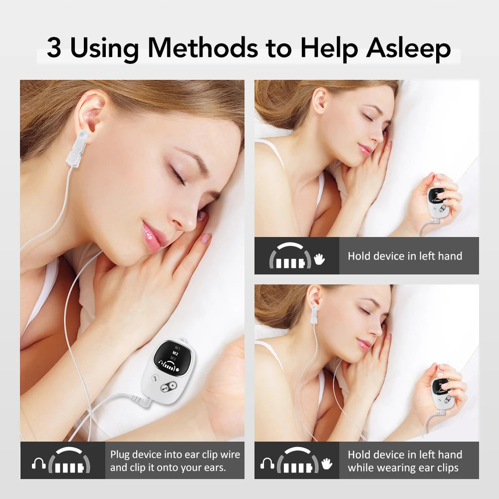 Three methods shown for using a handheld CES sleep aid device, including holding it in the left hand and clipping it onto the