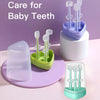 A set of silicone baby toothbrushes with integrated forming and a storage case, including a tongue cleaner.