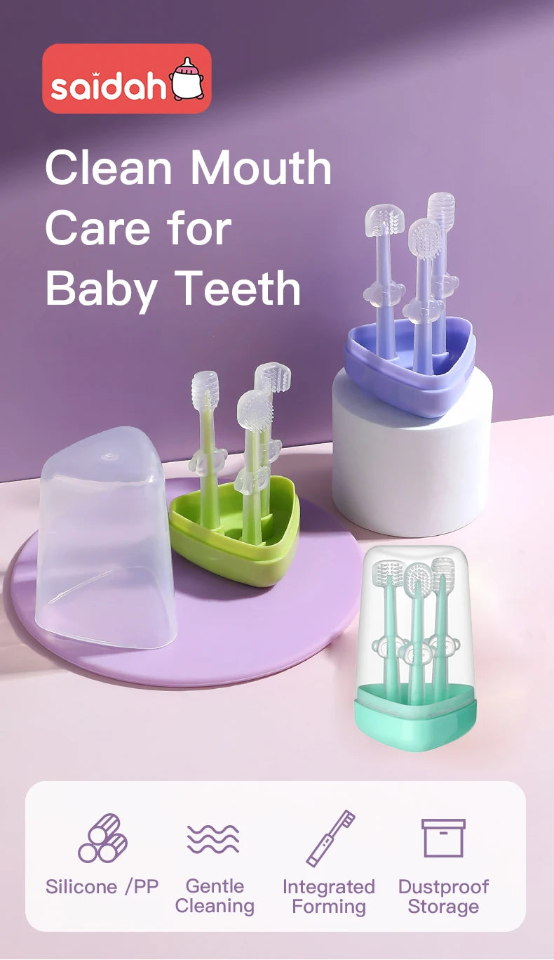 A set of silicone baby toothbrushes with integrated forming and a storage case, including a tongue cleaner.