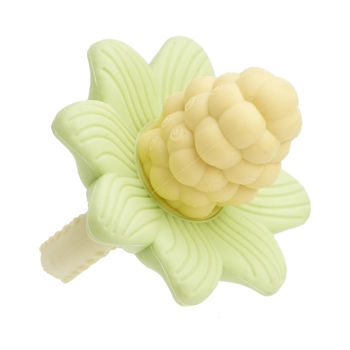 Silicone baby teether toys shaped like a flower and grape, light green color.