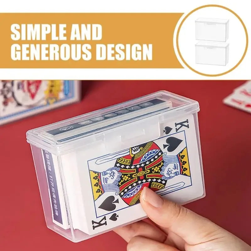 A hand holds a clear plastic card storage box designed for playing cards and business cards.