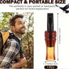 A small amber-colored whistle is shown next to a man in a plaid shirt and backpack, suitable for forest exploration.