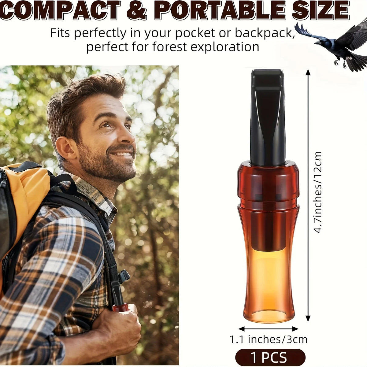 A small amber-colored whistle is shown next to a man in a plaid shirt and backpack, suitable for forest exploration.