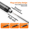 A black soldering iron with three replaceable tips shown alongside the individual tips.