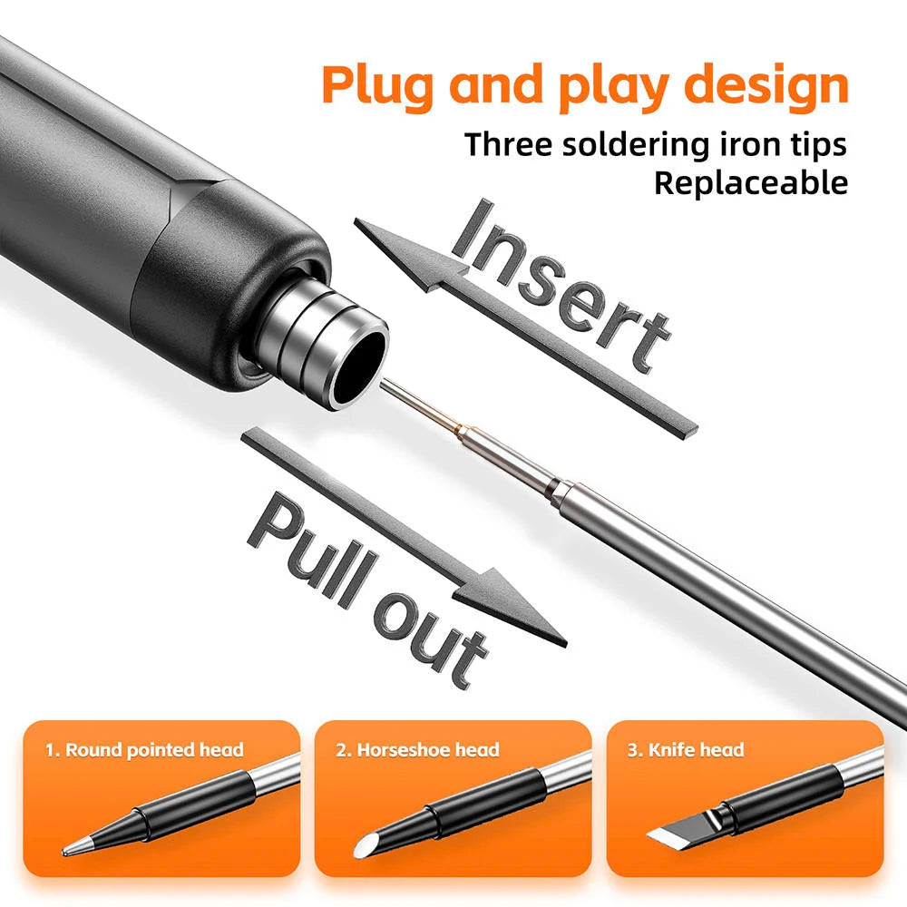 A black soldering iron with three replaceable tips shown alongside the individual tips.