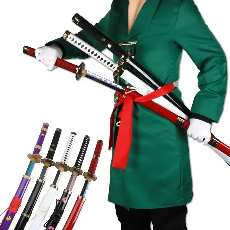 A person wearing a green gi holds a 41-inch katana cosplay sword with a red wrapping.