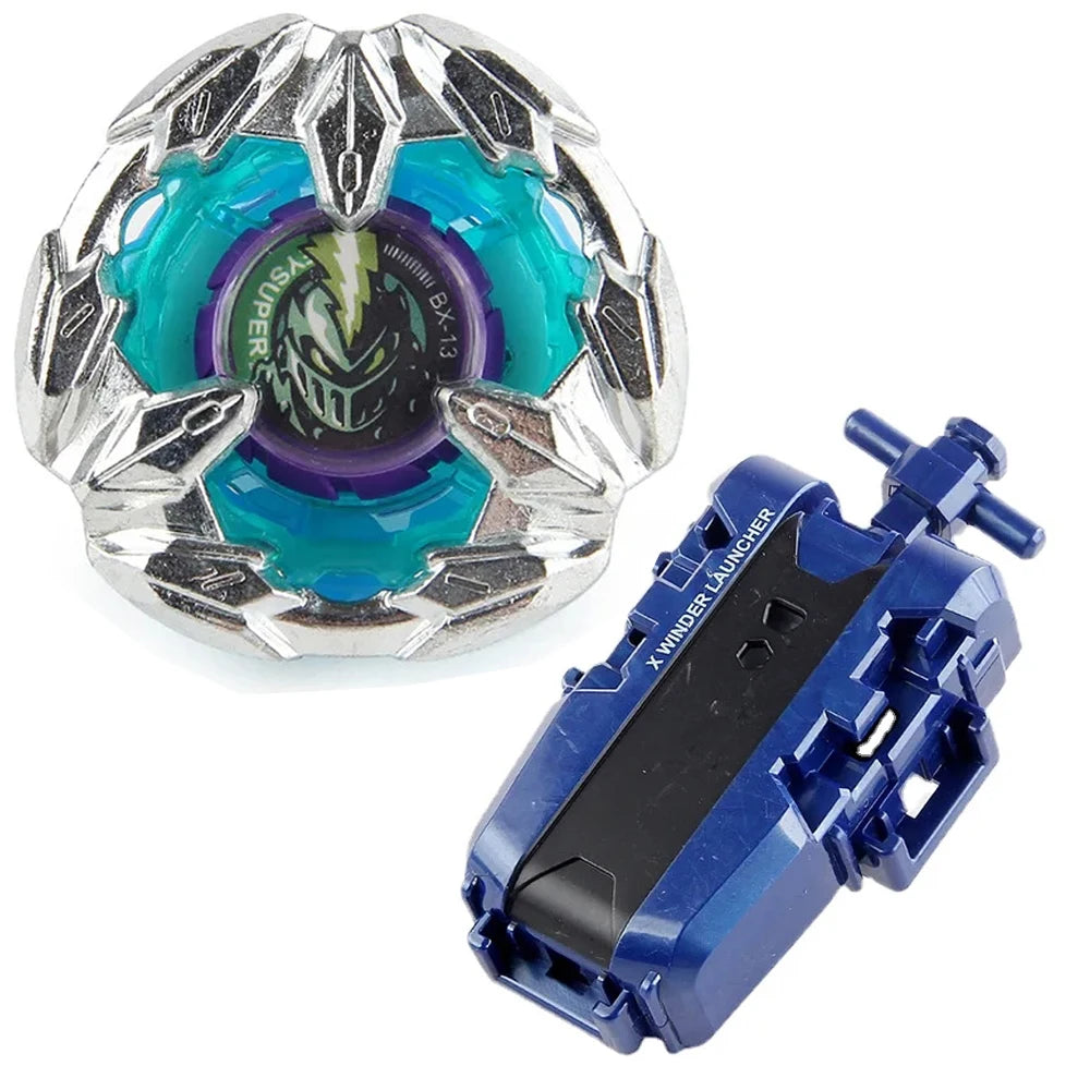 A Beyblade starter set featuring a silver launcher and a teal and purple spinning top with a phoenix wing design.