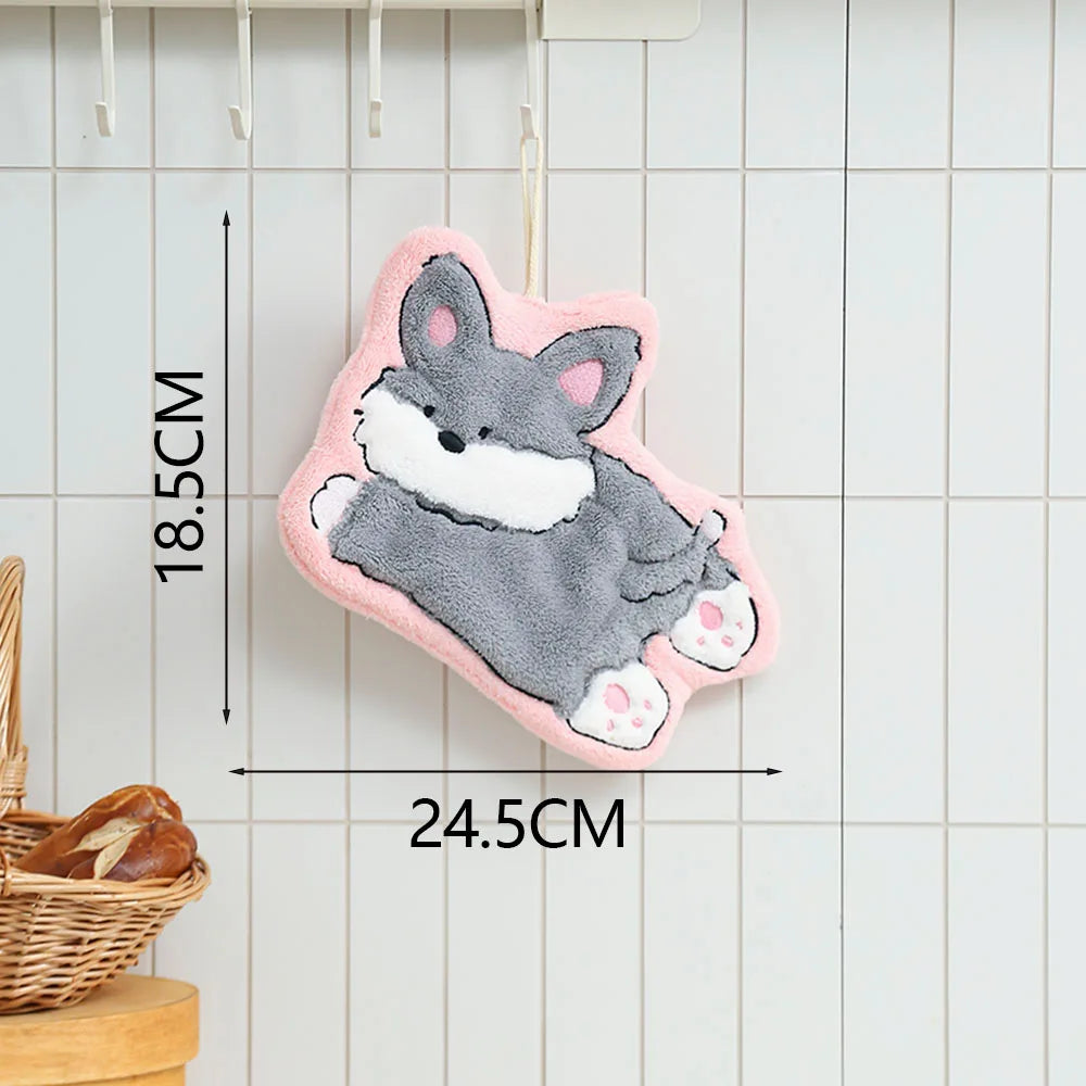 A gray and white cartoon dog hanging hand towel with pink edges, measuring 18.5cm by 24.5cm.