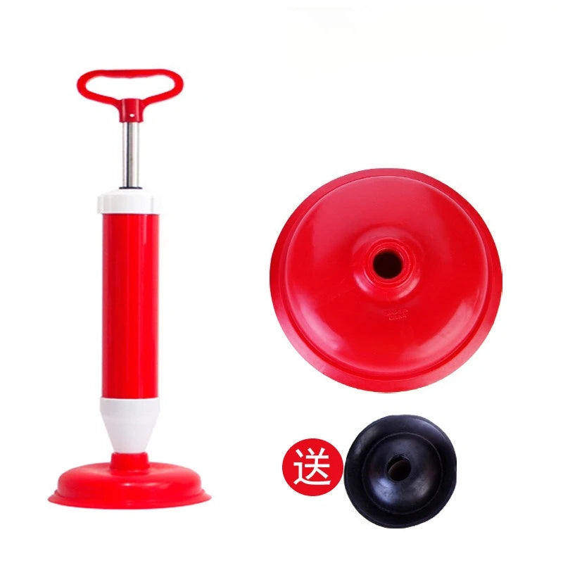 A red and white heavy-duty toilet and drain plunger with a black rubber seal.
