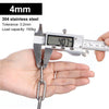 A hand holds a silver stainless steel chain being measured by a digital caliper.