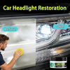 Before and after comparison of car headlight restoration using a polish on a vehicle lens.